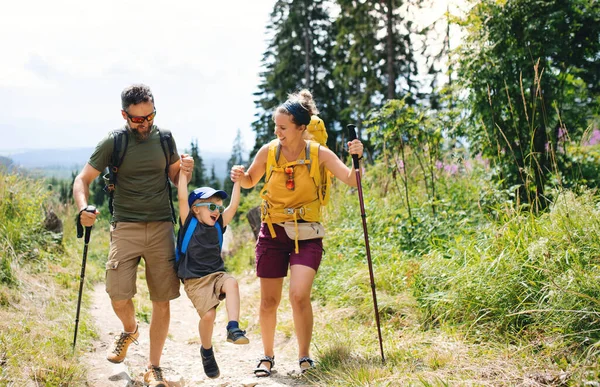 夏の自然の中で屋外で小さな息子のハイキングと家族. — ストック写真