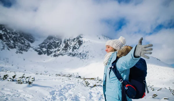 Mutlu gülümseyen bir kadının portresi. Karlı kış doğasında duruyor.. — Stok fotoğraf