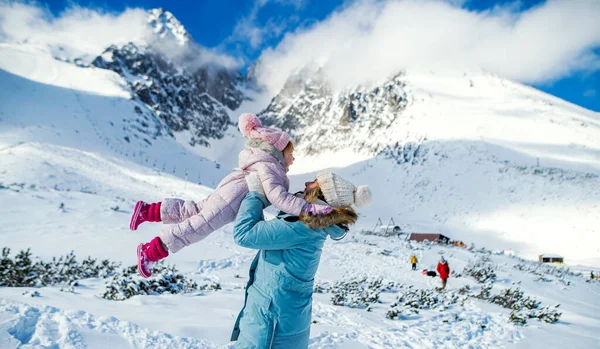 Мать с счастливой маленькой дочерью, стоящей в зимней природе, весело. — стоковое фото
