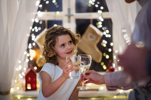 Menina pequena com a família dentro de casa celebrando o Natal juntos, óculos de clinking. — Fotografia de Stock