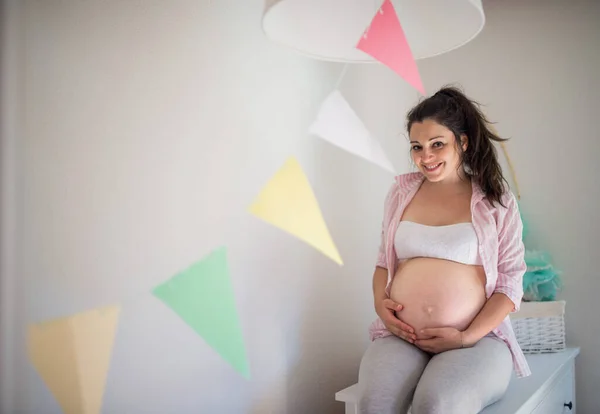 Πορτρέτο της ευτυχισμένης εγκύου σε εσωτερικούς χώρους στο σπίτι, αγγίζοντας την κοιλιά της. — Φωτογραφία Αρχείου
