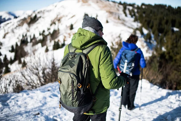 Vue arrière des randonneurs en couple âgés dans la nature hivernale enneigée, à pied. — Photo