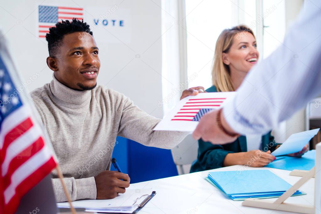 People voting in polling place, usa elections and coronavirus.