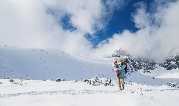 Mor med lycklig liten dotter stående i vinternaturen, promenader. — Stockfoto