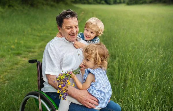 Niños pequeños con abuelo mayor en silla de ruedas en un paseo por el prado en la naturaleza. — Foto de Stock