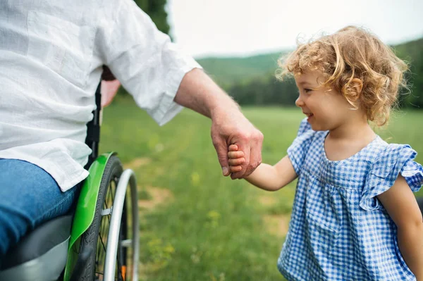 Mała dziewczynka z nierozpoznawalnym dziadkiem na wózku inwalidzkim na spacerze po łące w naturze. — Zdjęcie stockowe