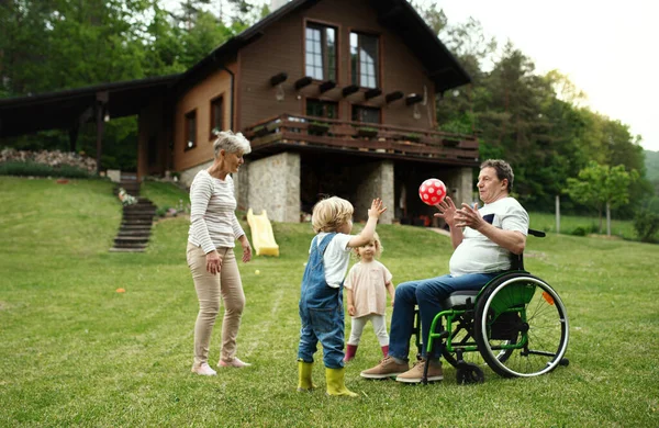 Tekerlekli sandalyede büyük anne ve büyük babası olan küçük çocuklar bahçede topla oynuyorlar.. — Stok fotoğraf