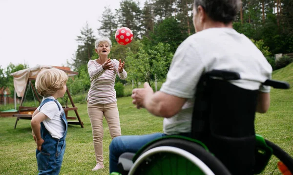 Niño pequeño con abuelos mayores en silla de ruedas jugando con una pelota en el jardín. —  Fotos de Stock