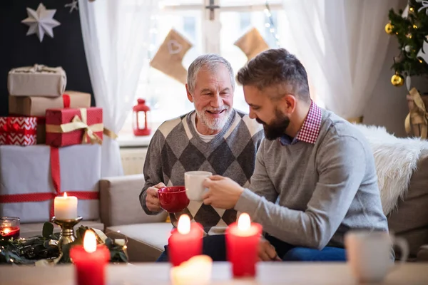 Starší muž a starší otec doma o Vánocích, pijí čaj. — Stock fotografie