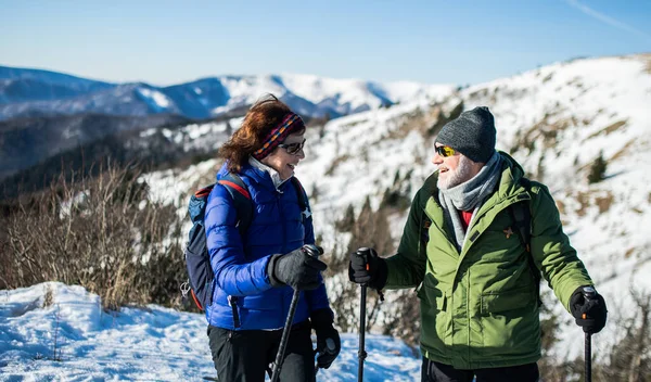 Seniorenpaar wandert mit Nordic-Walking-Stöcken in schneebedeckter Winternatur. — Stockfoto