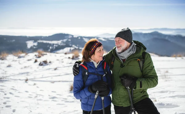 Oudere parenwandelaars met nordic walking stokken in de besneeuwde winternatuur. — Stockfoto