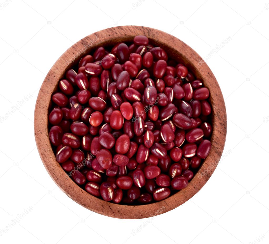 Adzuki Beans, Azuki Beans, red beans in wooden bowl on white background