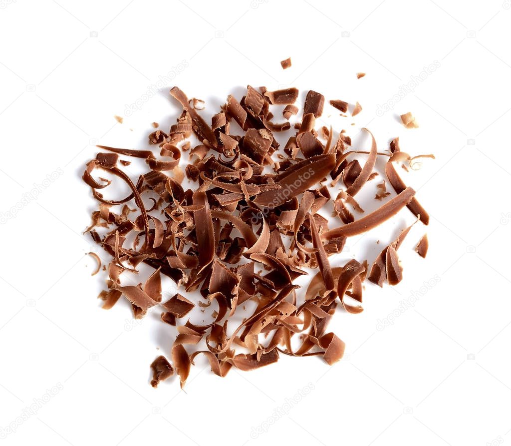 grated chocolate on white background