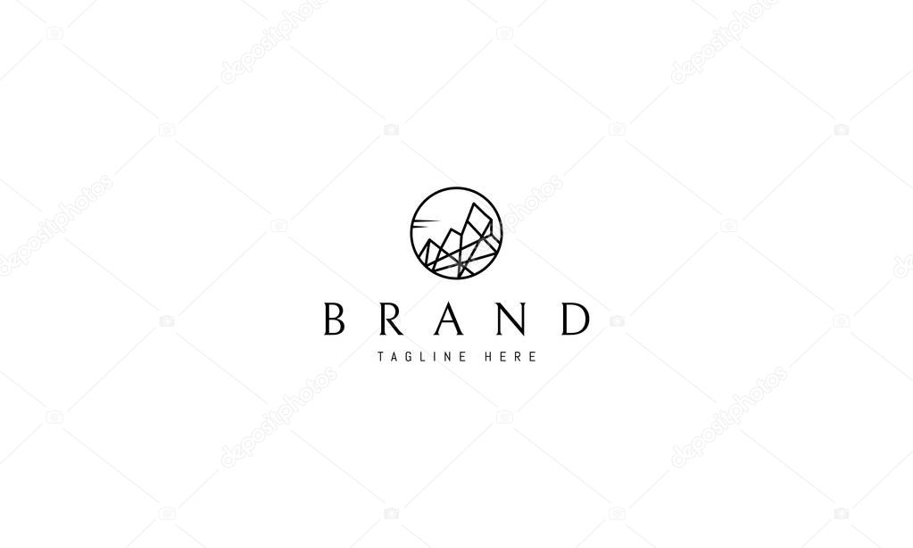 Vector logo design on which the abstract image of mountains in a circle in a linear style.