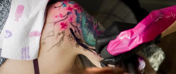 Girl Tattoo Master Gör Tatuering Till Kund — Stockvideo