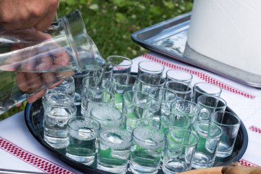 Palinca shot 'ları piknik partisinde servis edilir. Romanya geleneksel içeceği