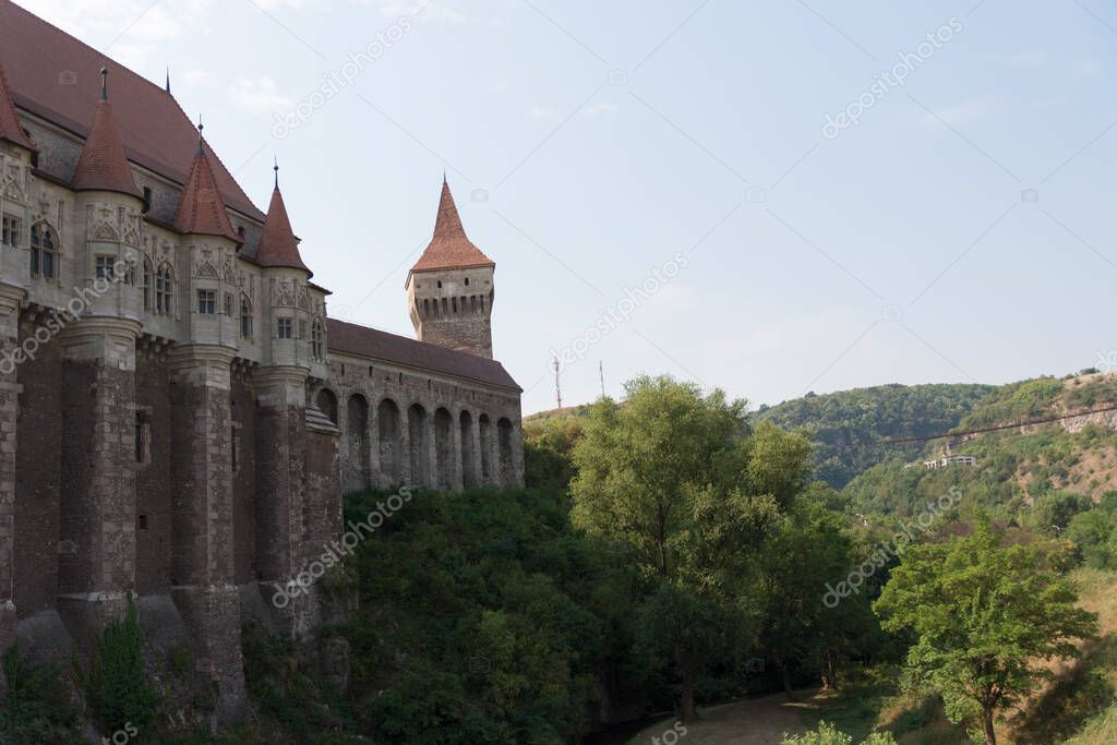 View of Medieval Corvinilor Castle (Hunyadi Castle) in Hunedoara county, Romania; different view