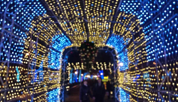 Beautiful Bright Blue Golden Light Blurred Tunnel Moscow Park Night — Stock Photo, Image