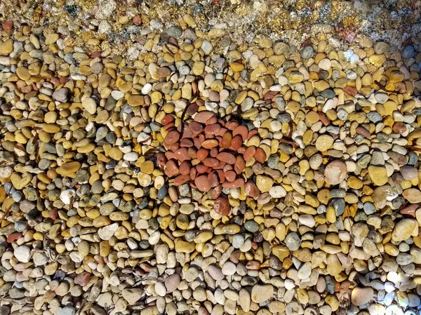 Textura Seixos Mar Rodada Feita Pedras Vermelhas Centro Água Azul — Fotografia de Stock