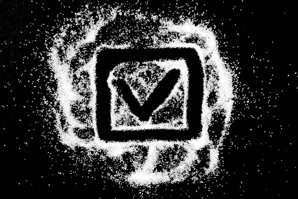 Siyah arka plan üzerine beyaz tuz toz tarafından parmak işareti sembol çizim kontrol