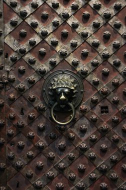 Bir eski bakır perçinli paslı desenli kapıda St. Vitus Katedrali Prag kapı tokmağı aslan başı