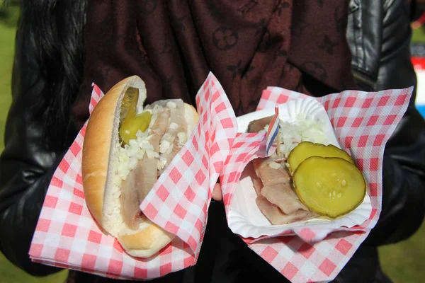 Geleneksel Hollanda yiyecek - soğan ve fastfood market Keukenhof, Hollanda Hollanda bayrağı ile ringa balığı balık. Kız el ringa balığı ekmek içinde tutar.