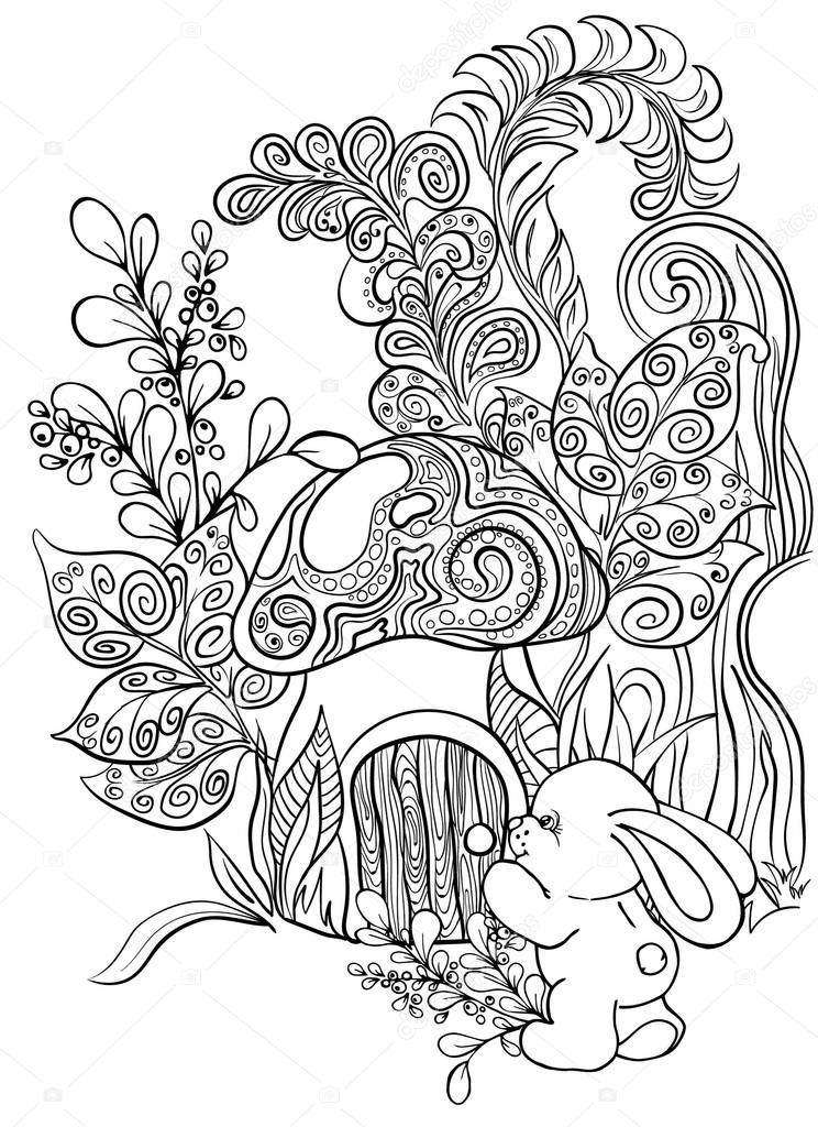 Pattern for coloring book. Art therapy. Hand drawn. Adults. Black and white. Forest, mushroom, animal, house, bunny.  Vector illustration in zentangle style. 