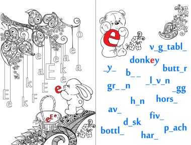 Harfler. ABC. Mektup yazmak öğrenme. Çocuklar ve ebeveynleri için. Tarifi. Resimli İngilizce alfabe. Bir tavşan ve ayı harflerle öğrenin. Vektör çizim. Boyama kitabı.