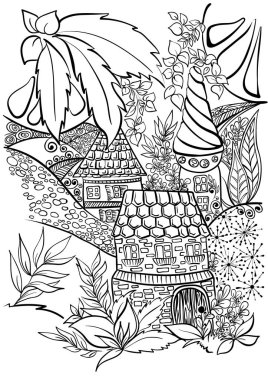 Boyama kitabı için desen. Elle çizilmiş. Yetişkin. Siyah ve beyaz. Orman, ev, ağaç, yaprak, vektör çizim zentangle tarzı. Sanat terapisi. Yetişkin, mimari, sanat, sanat terapisi, sanat, sanat resim, siyah, kitap, bina, kart, çizgi film.