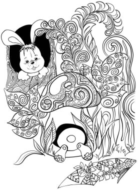 Boyama kitabı için desen. Vektör çizim zentangle tarzı. Elle çizilmiş. Yetişkin. Siyah ve beyaz. Orman, mantar, hayvan, house, bunny. Sanat terapisi. Yetişkin, mimari, sanat, sanat terapisi, sanat, sanat resim, siyah, kitap, bina, kart.
