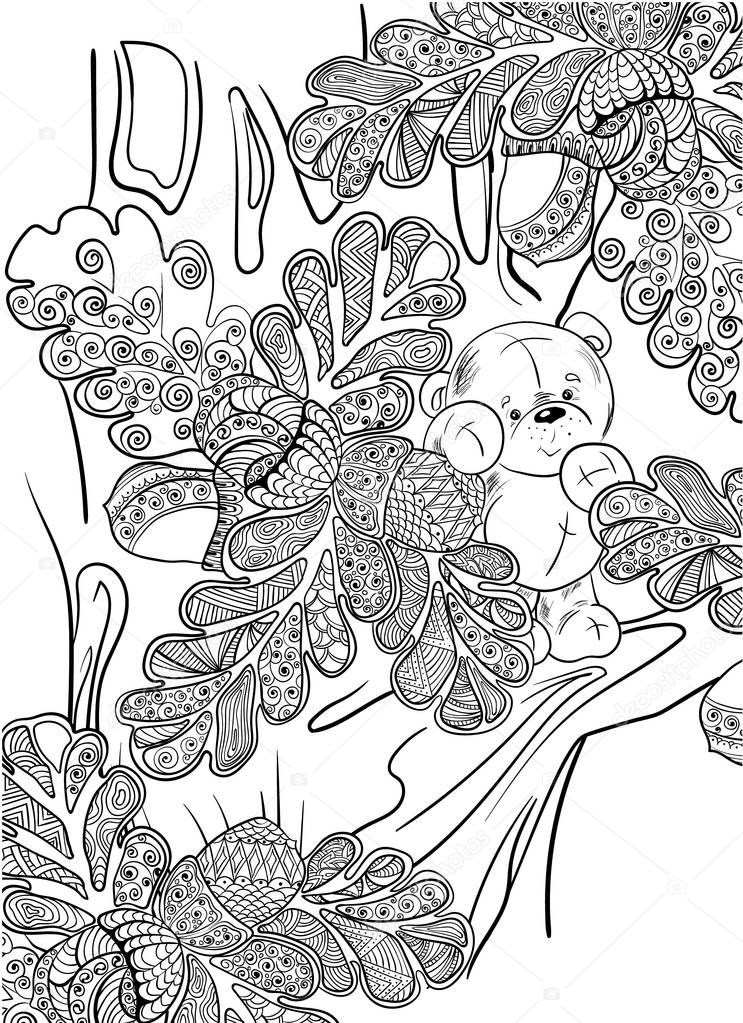 Pattern for coloring book.  Vector illustration in zentangle style. Art therapy. Hand drawn. Adults. Black and white. Forest, animal, house, oak, tree, leaves, cute bear. adult,architecture,art,art therapy,artwork,artwork painting,black,book