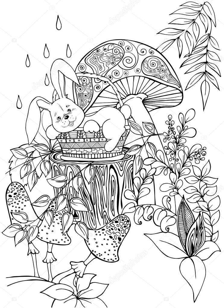 Pattern for coloring book. Hand drawn.  Vector illustration in zentangle style. Adults. Black and white. Forest, mushroom, animal, house, bunny in the basket. Art therapy. adult,architecture,art,art therapy,artwork,artwork painting,book