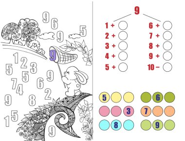 Gösterim amacıyla eğitim kitapları. Matematik görev. Çocuklar için bulmaca. Matematik. Bunny, glade, sayı. Okul öncesi eğitim için matematik çalışma kitabı. Reçete. Boyama. Sayfa 29. Çizgi film karakteri.