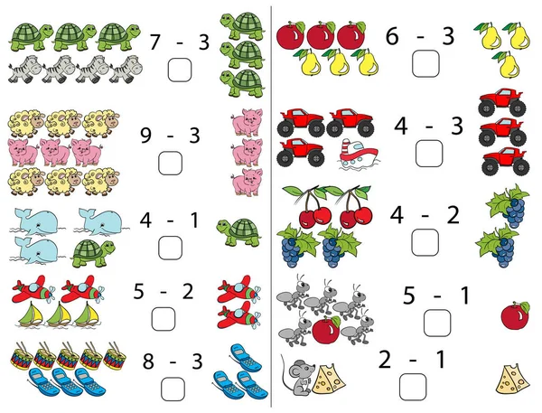 Odejmowanie Zagadki Dla Dzieci Ubtraction Skoroszytu Matematyka Dla Edukacji Dzieci — Wektor stockowy