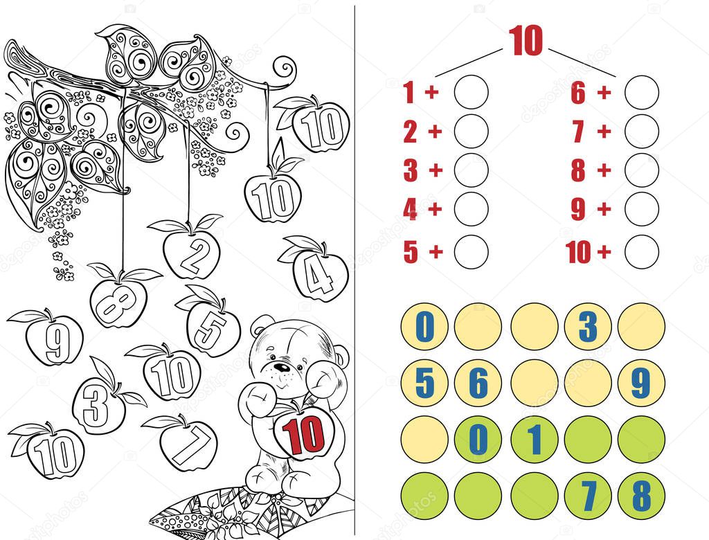 Illustration for educational books. Puzzles for children.  Math. Math task.  Teddy bear, glade, numbers.Workbook on mathematics for preschool education. Prescriptions. Coloring.  Page 29. Cartoon character.