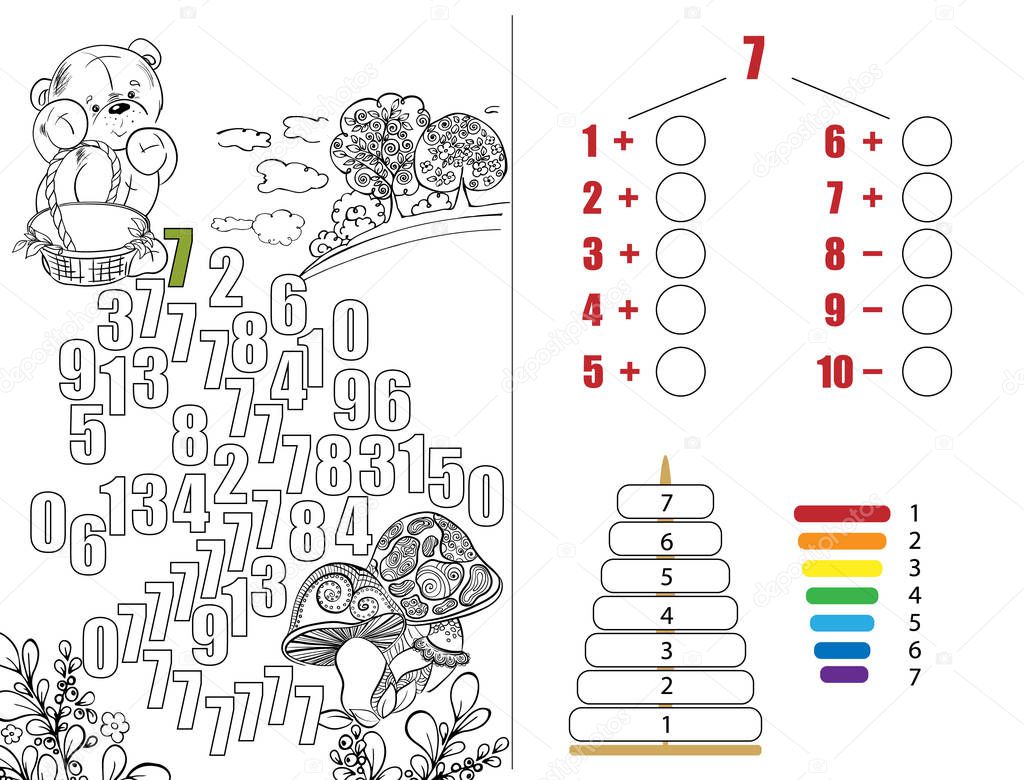 Math task. Puzzles for children.  Math. Teddy bear, glade, numbers. Illustration for educational books. Workbook on mathematics for preschool education. Prescriptions. Coloring.  Page 28. Cartoon character.
