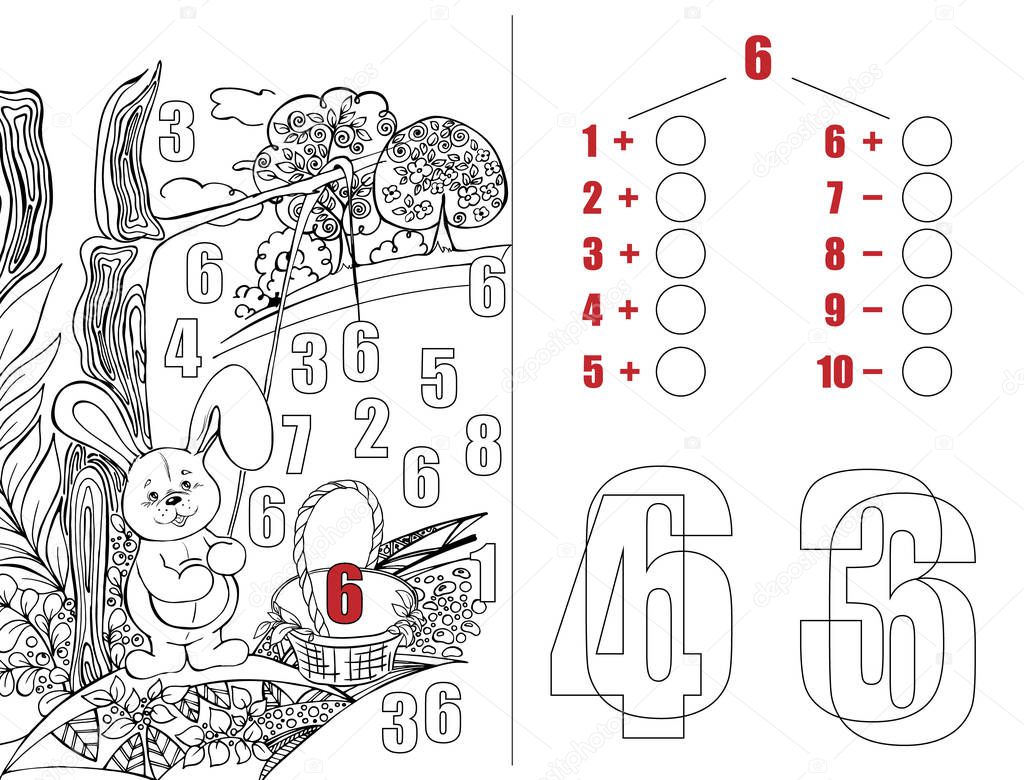 Puzzles for children. Math. Bunny, glade, numbers, math task. Illustration for educational books. Workbook on mathematics for preschool education. Prescriptions. Coloring.  Page 23. Cartoon character.