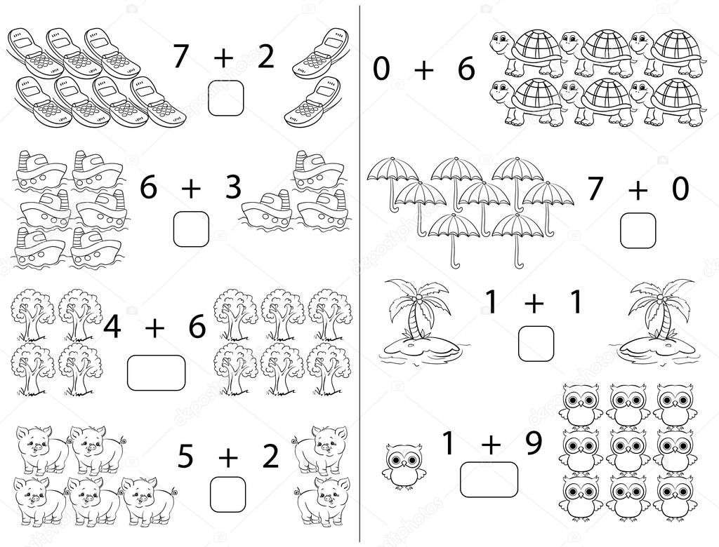 Puzzles for children.  Addition. Workbook on mathematics for preschool education. Illustration for educational books. Prescriptions. Coloring. Page 16