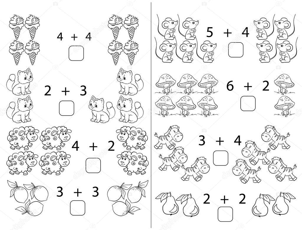 Puzzles for children.  Addition. Workbook on mathematics for preschool education. Illustration for educational books. Prescriptions. Coloring. Page 15