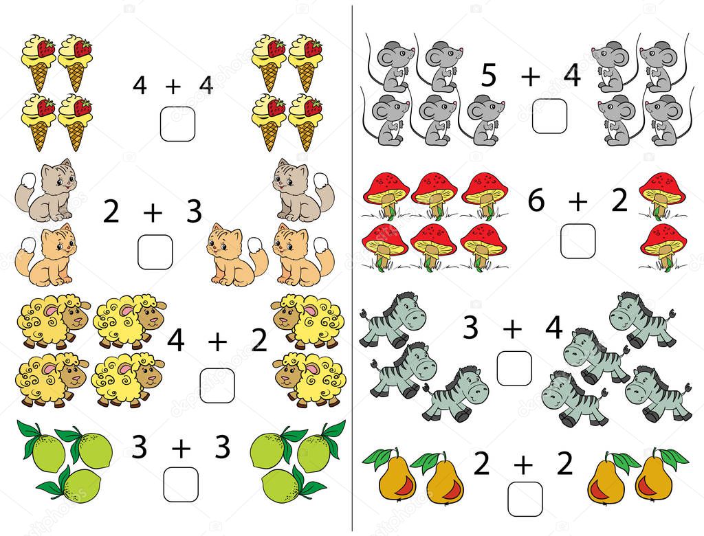 Puzzles for children.  Addition. Workbook on mathematics for preschool education. Illustration for educational books. Prescriptions. Full color. Page 15