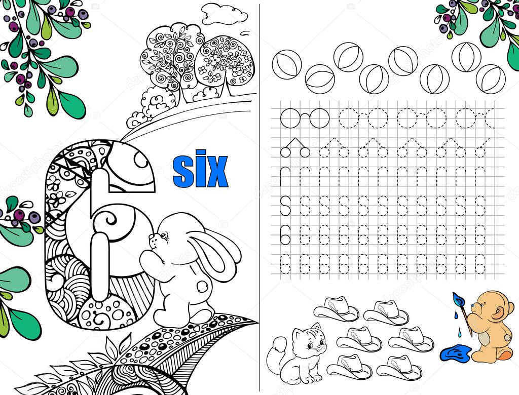 Puzzles for children. Illustration for educational books. Workbook on mathematics for preschool education. Number six. Prescriptions. The hare with the figure. Figure with pattern. Coloring. Page 3