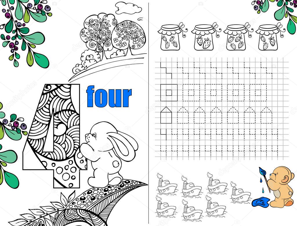 Workbook on mathematics for preschool education. Puzzles for children. Illustration for educational books. Number four. Prescriptions. The hare with the figure. Figure with pattern. Coloring. Page 4