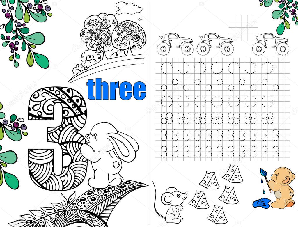 Puzzles for children. Illustration for educational books. Workbook on mathematics for preschool education. Number three. Prescriptions. The hare with the figure. Figure with pattern. Coloring. Page 3