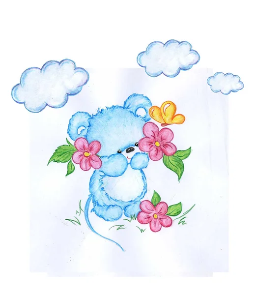 ute little mouse with flowers and butterfly. Perfect for kids print, birthday cards design, books, invitations. Illustration. Color pencils.