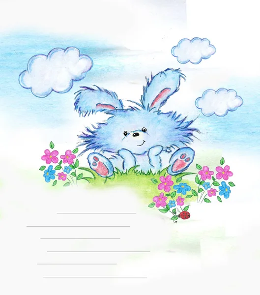 Cute rabbit with flowers. Perfect for kids print, birthday cards design, books, invitations. An illustration is drawn in colored pencils.