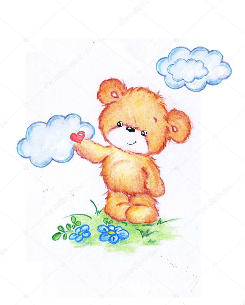 ute little bear with with heart. Perfect for kids print, birthday cards design, books, invitations. An illustration is drawn in colored pencils.