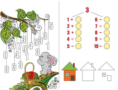 Öğrenme numaraları. Çocuklar için bulmaca. Okul öncesi eğitim için matematik çalışma kitabı. Renkli. Vektör çizim. Bölüm 4. Çizgi film karakteri.