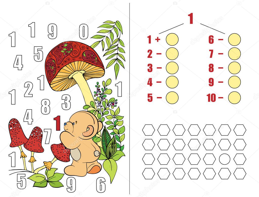 Learning numbers. Puzzles for children. Workbook on mathematics for preschool education.  Colorful. Vector illustration. part 2. Cartoon character.