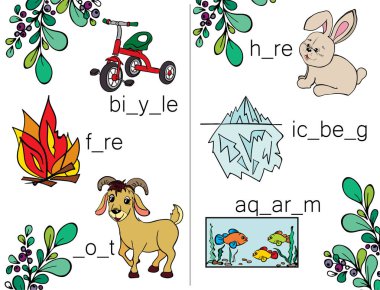 Kelimeler gelen mektuplar ekleyin. Yazmak ve okumak bilgi edinin. Harfler. ABC. Bulmacalar için kids. Küçük hayvanlar çizgi film karakterleri. Görevleri çocuklar için. Alfabe. Çalışma kitabı. Kelimeler gelen mektuplar ekleyin. Vektör  