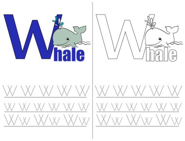 Okul öncesi için reçete. Eğitim. Mektup yazmak öğrenme. Çocuklar ve ebeveynleri için. Resimli İngilizce alfabe. Vektör çizim. Harfler. ABC.